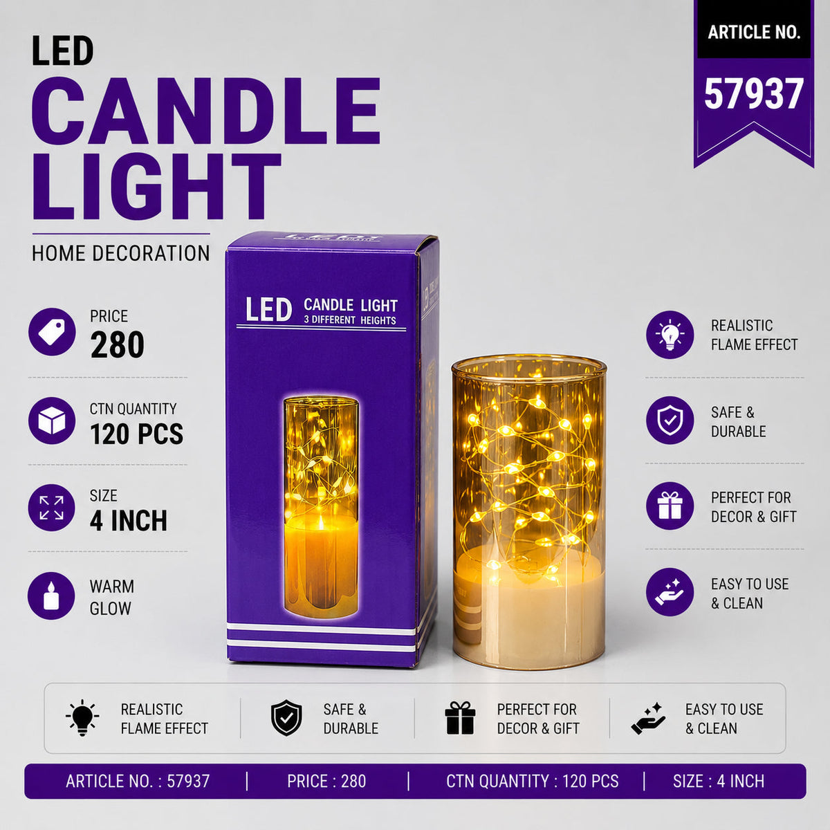 Decorative LED Glass Candle Lantern Pack of 3