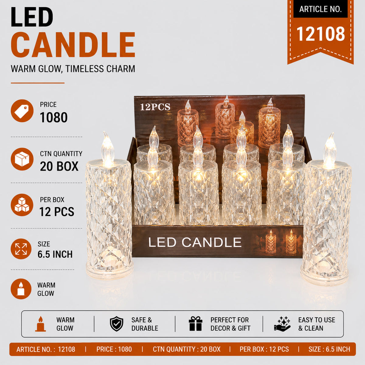 Crystal Textured Cylinder LED Candle (Single Piece)