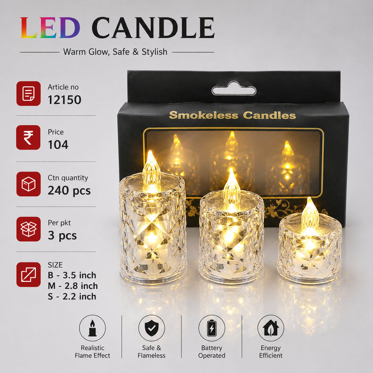Crystal Textured LED Candle Set Pack of 6