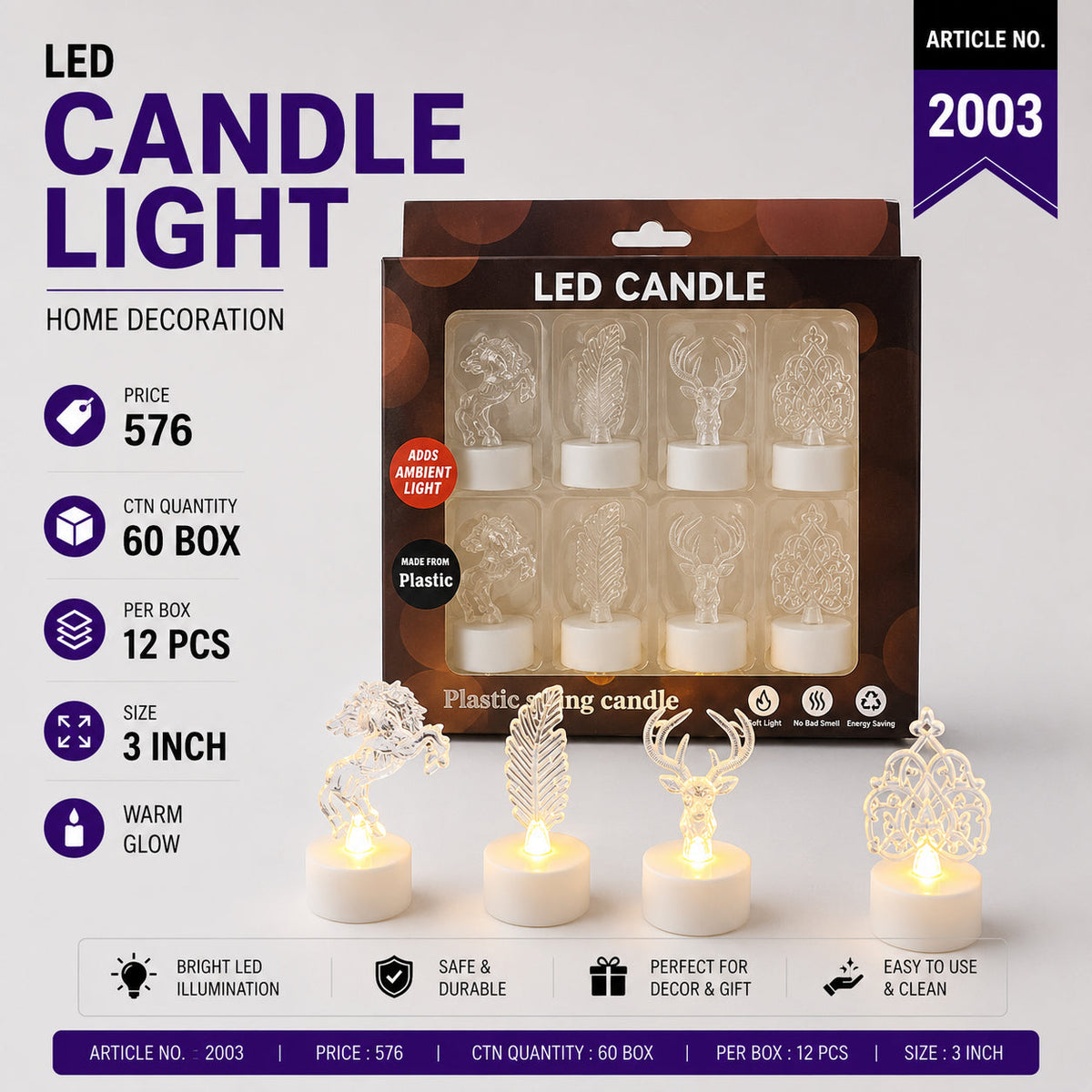 Decorative LED Candle with Sculpted Motifs Pack of 36