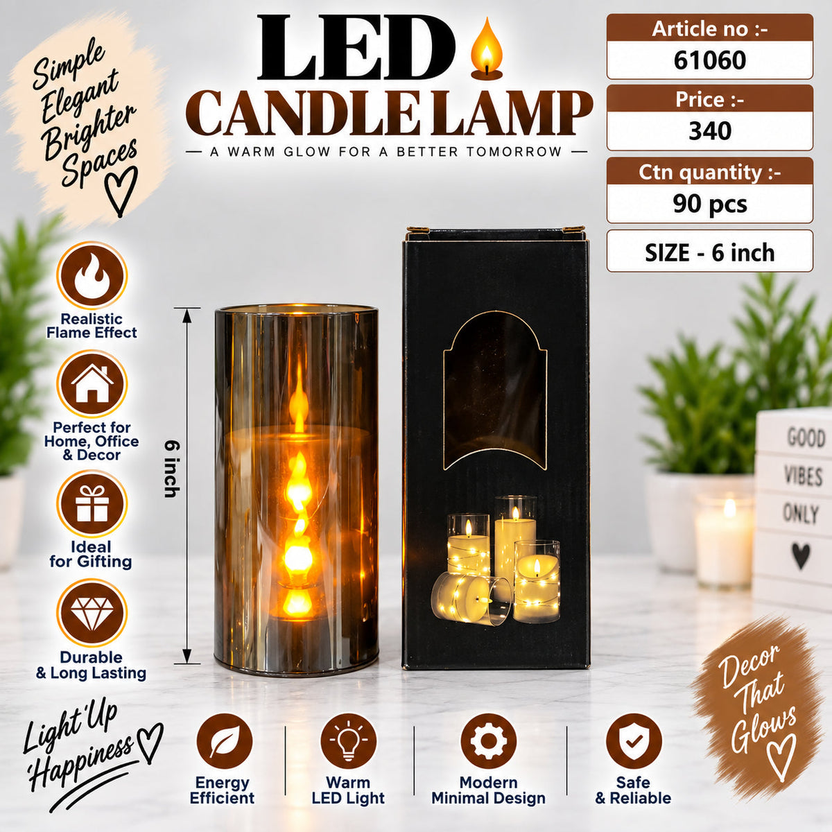 Metallic Cylinder LED Candle Lamp Pack of 3