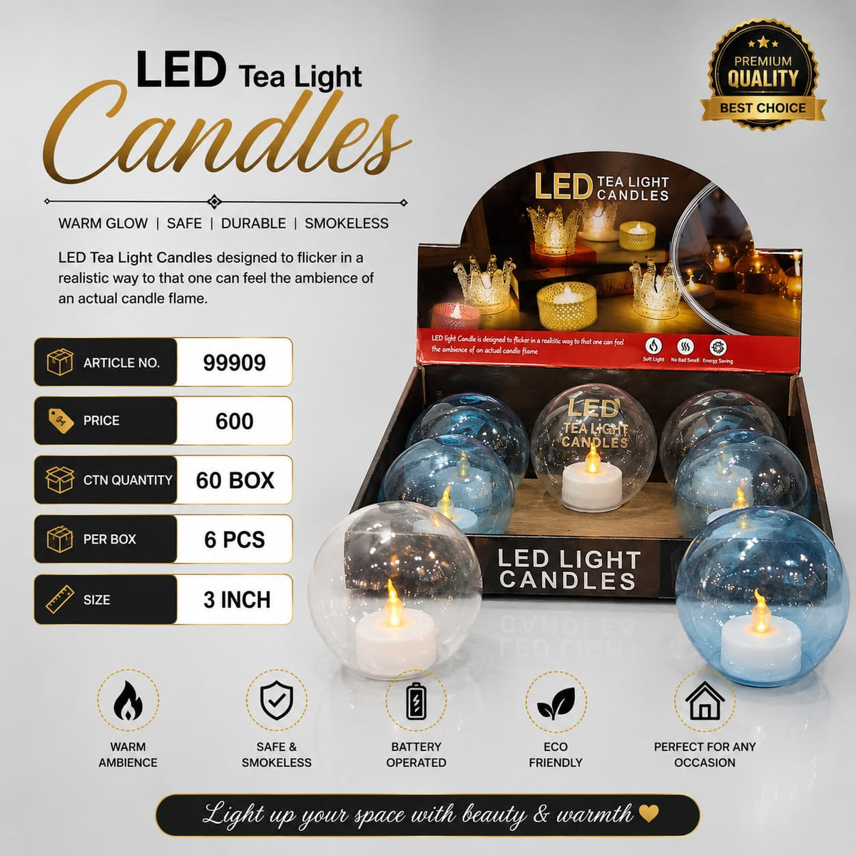 LED Tea Light Candle in Decorative Glass Sphere Pack of 72