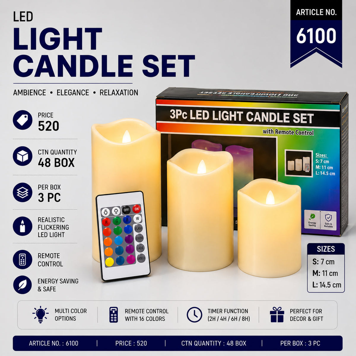 3-Piece LED Light Candle Set with Remote Control Pack of 9