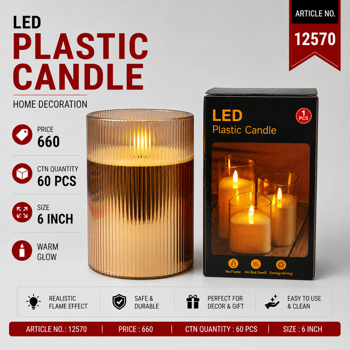 Ribbed Cylindrical LED Plastic Candle Pack of 2