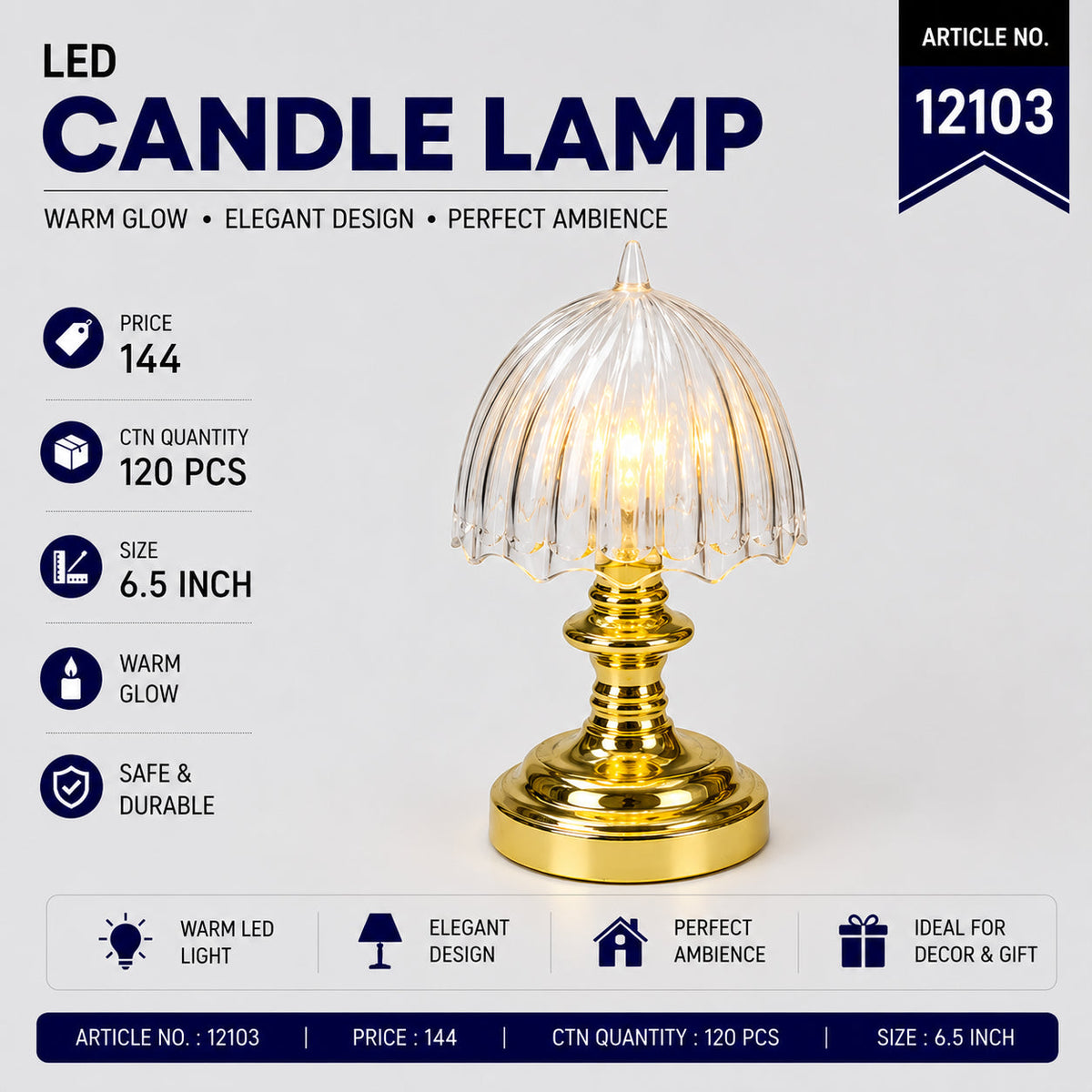Crystal Dome LED Candle Lamp with Gold Stand Pack of 6