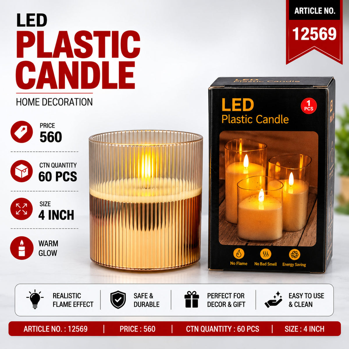 LED Ribbed Plastic Candle Pack of 3