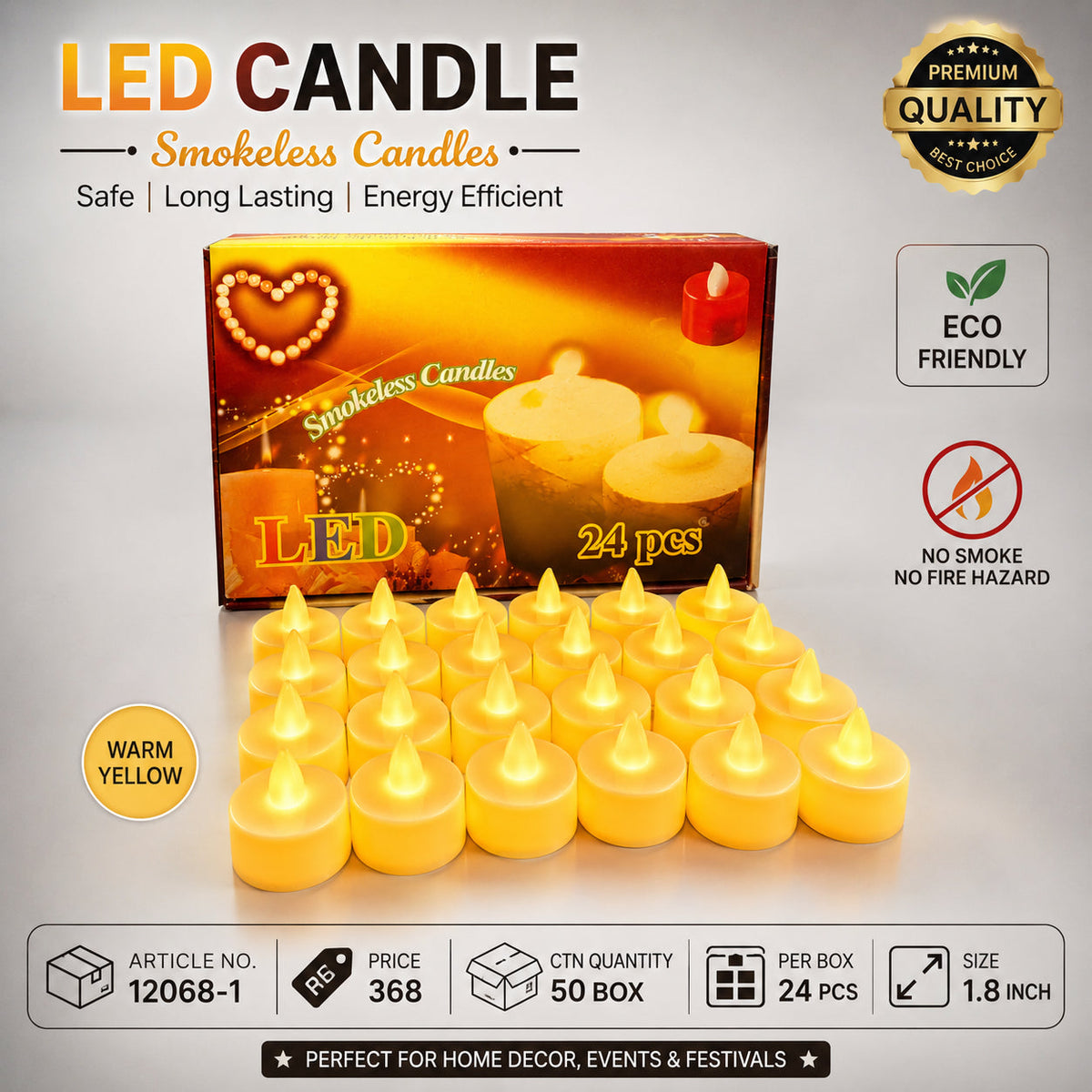 Warm Yellow LED Tealight Candles Pack of 72