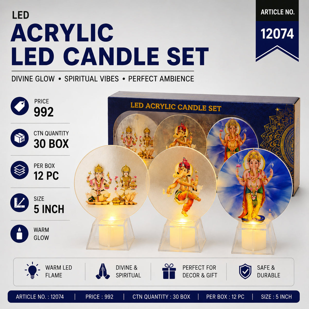Acrylic LED Candle Set with Hindu Deity Designs Pack of 24