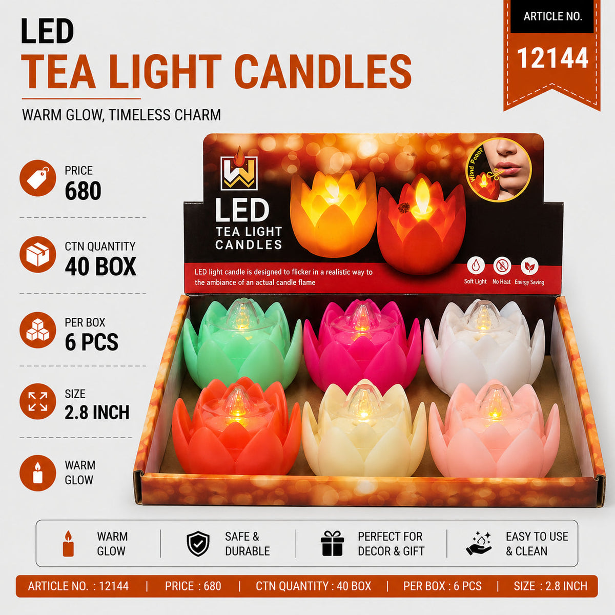 Lotus Flower LED Tea Light Candles Pack of 12