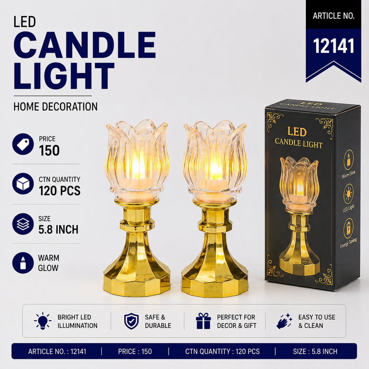 Gold Stand Crystal LED Candle Light Pack of 6