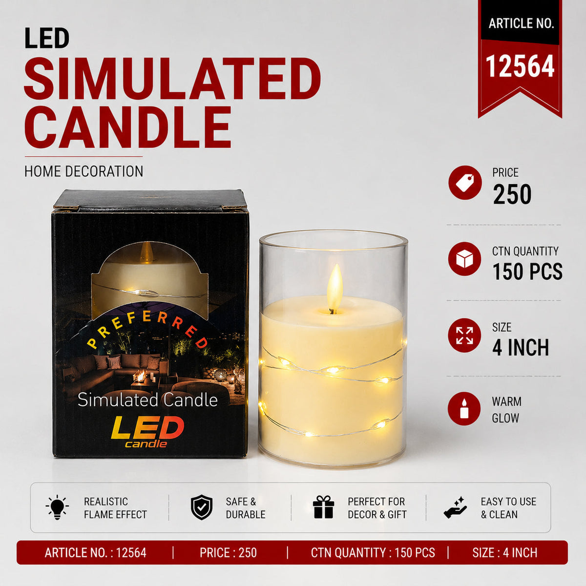 LED Simulated Candle in Glass Holder Pack of 3