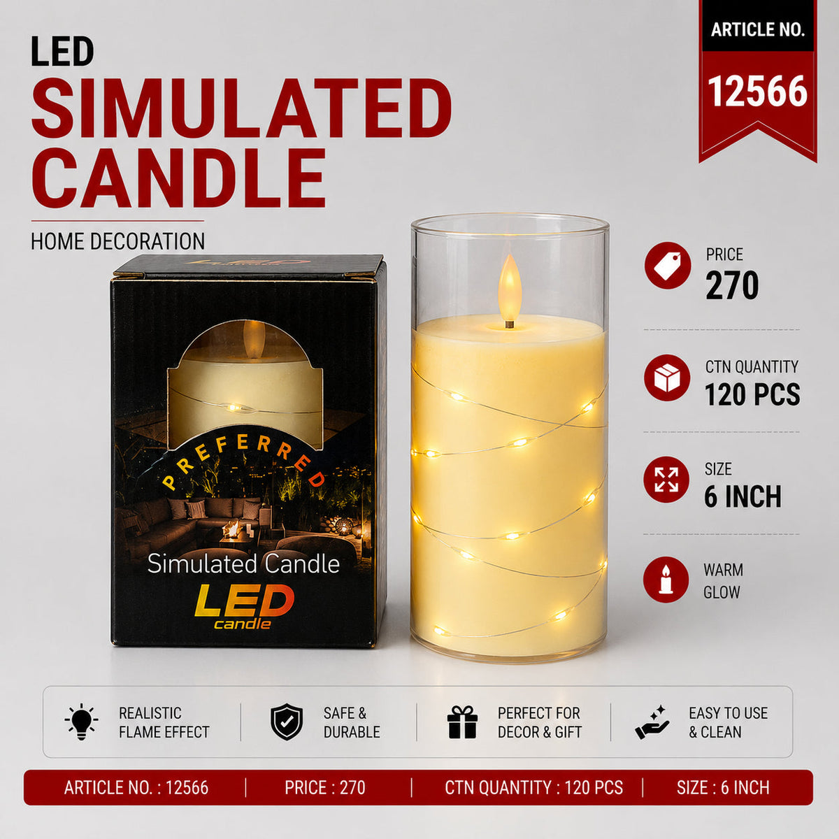 LED Simulated Candle in Glass Holder Pack of 3