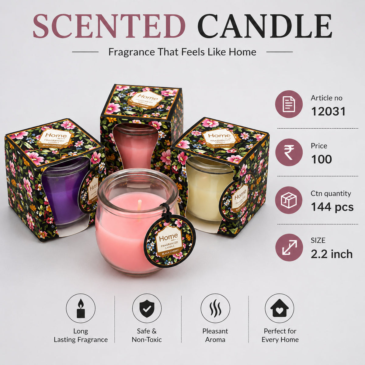 Home Black Cherry Scented Candle in Glass Jar Pack of 6