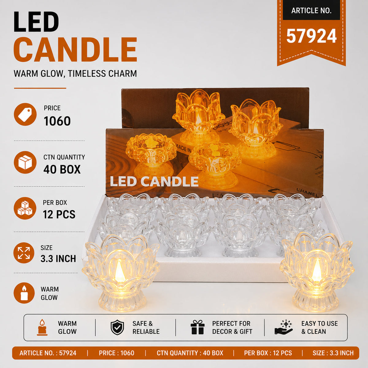 Crystal Lotus LED Candle Pack of 24