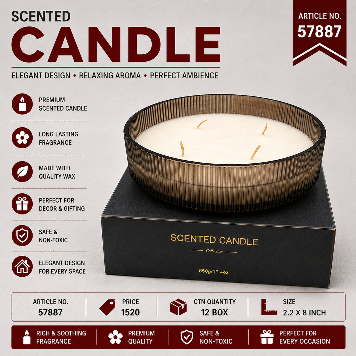 Large Ribbed Glass Scented Candle Pack of 2