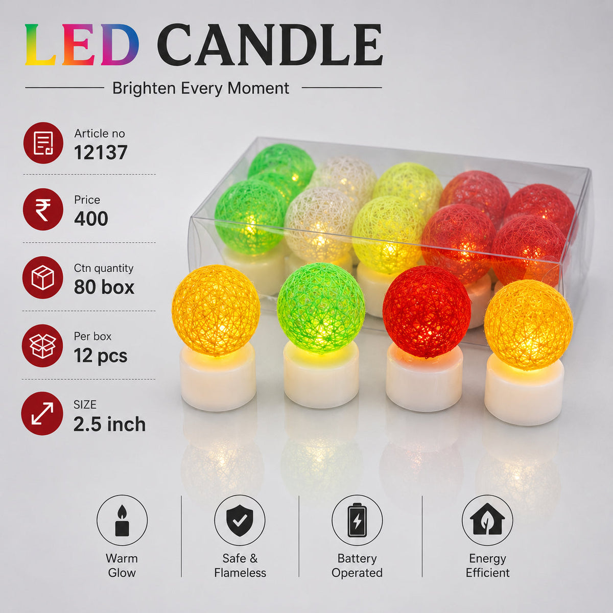 Colorful Woven Ball LED Candle Pack of 36