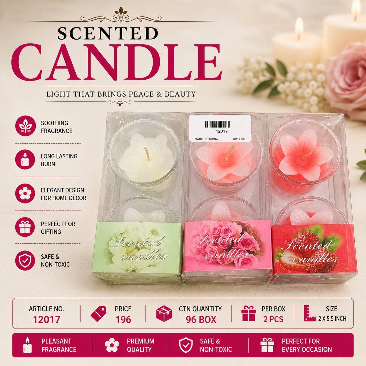 Flower-Shaped Scented Wax Candle in Glass Cup Pack of 12