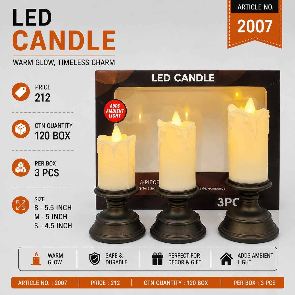3-Piece LED Pillar Candle Set with Stands