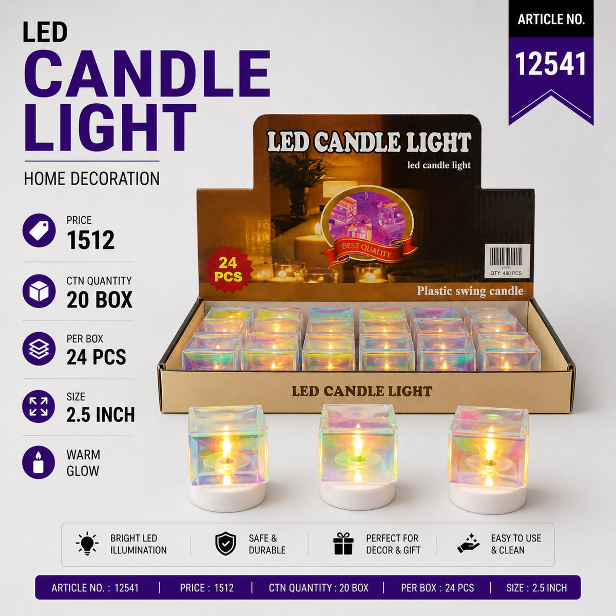 Iridescent Square LED Candle Light Pack of 48