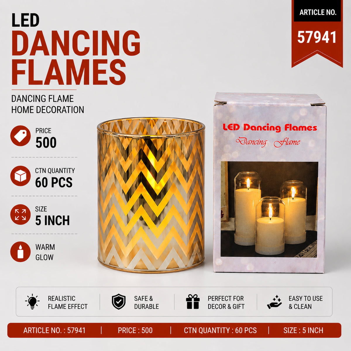 Chevron LED Dancing Flame Candle Lantern Pack of 3