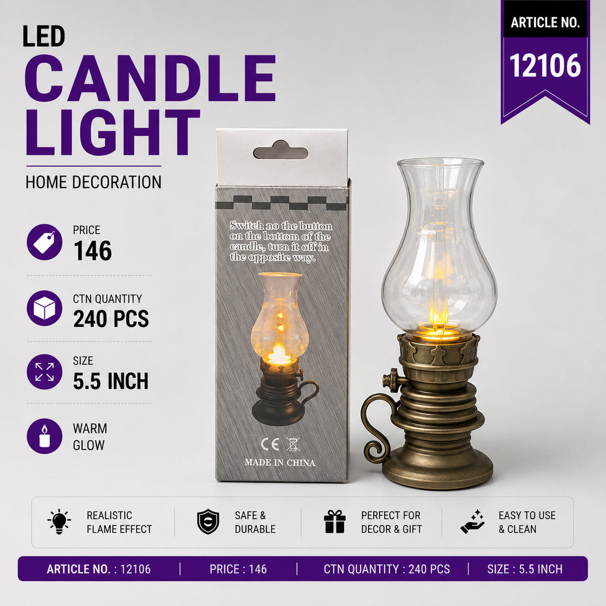 Antique LED Candle Lamp with Glass Lantern Pack of 6
