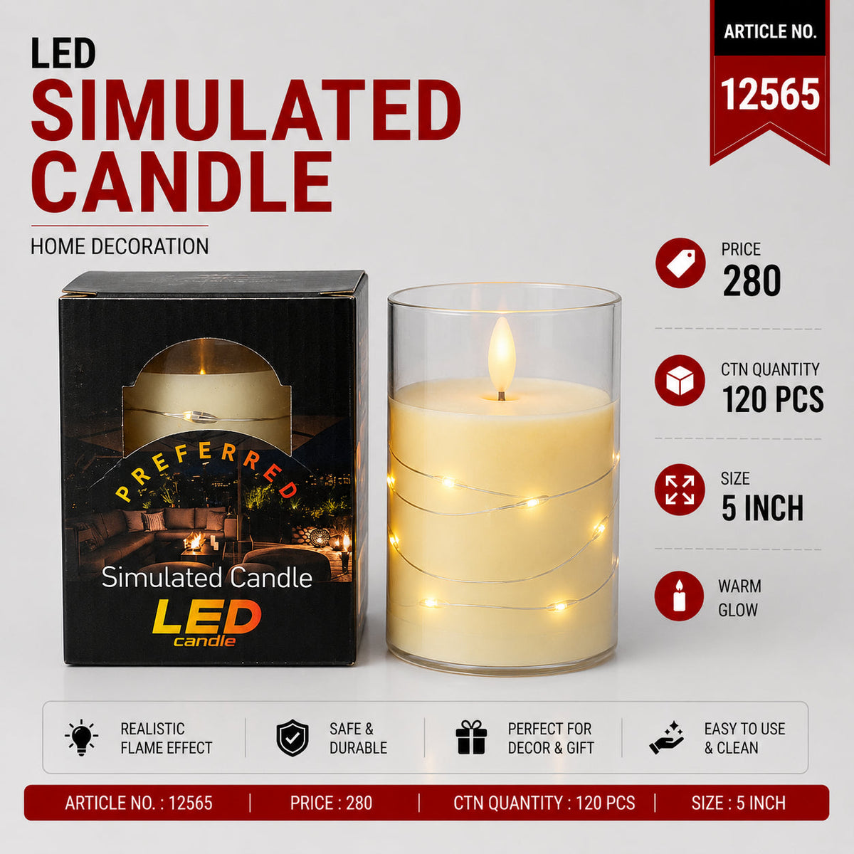 Glass Cylinder LED Simulated Candle Pack of 3