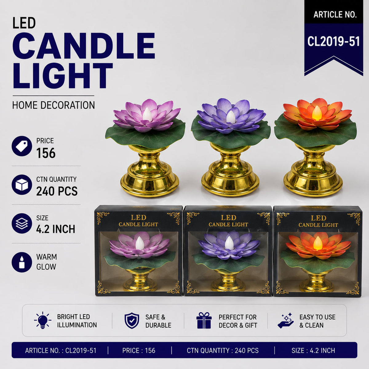 Lotus Flower LED Candle with Gold Stand Pack of 6